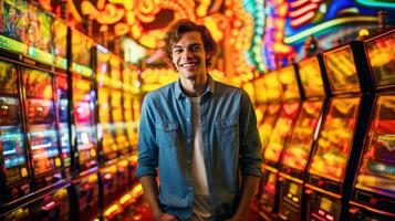 Young man laughing in front of gaming machines in casino. Generative AI photo