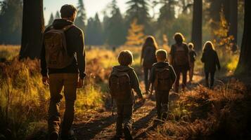 un grupo de familias excursionismo en el bosque. generativo ai foto