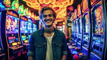 joven hombre riendo en frente de juego de azar máquinas en casino. generativo ai foto