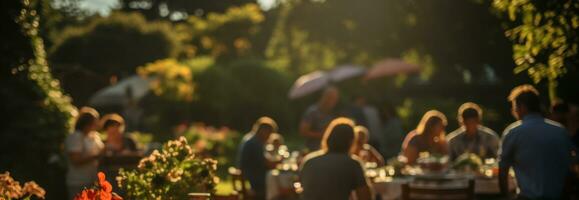 Blurred photo of a family having a barbecue and picnic in their garden. Generative AI