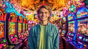 Young man laughing in front of gaming machines in casino. Generative AI photo