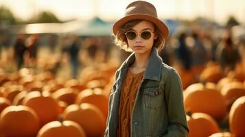 Young girl posing in a pumpkin patch. Generative AI photo