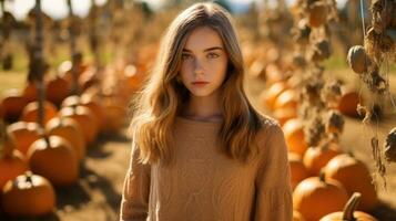 joven niña posando en un calabaza parche. generativo ai foto