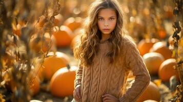 joven niña posando en un calabaza parche. generativo ai foto