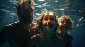 A father swimming with his children. Generative AI photo