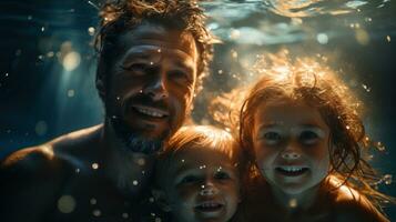 A father swimming with his children. Generative AI photo