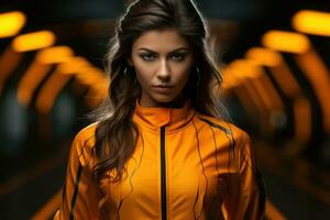 Female model in a retro-futuristic tracksuit with glowing lines.. Generative AI photo