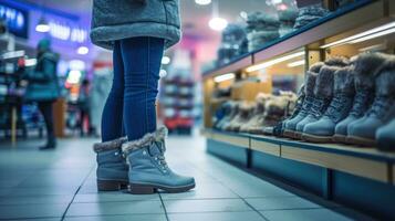 mujer en un zapato tienda mirando para invierno botas. generativo ai foto