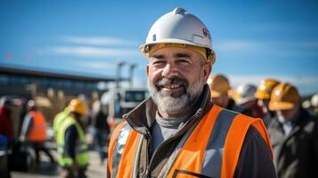 A friendly worker on a crowded construction site. Generative AI photo