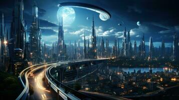 futurista paisaje urbano entre luces de neón rascacielos generativo ai foto