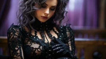 Gothic individual in a black corset and lace gloves.. Generative AI photo