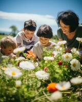 Grandparents having fun with their grandchildren on a spring day among the blooming flowers and grass. Generative AI photo