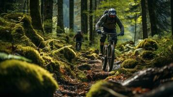 montaña ciclistas ciclismo en el bosque. generativo ai foto