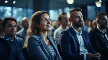 A businessman applauds a speaker at a meeting. Generative AI photo
