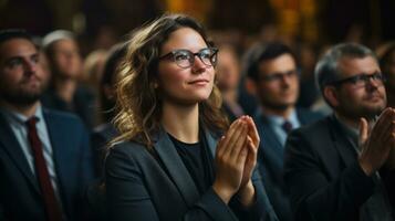 A businessman applauds a speaker at a meeting. Generative AI photo