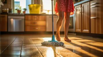 Housewife mopping the floor at home. Generative AI photo