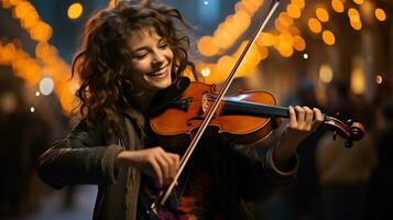 niña violinista como un calle músico. generativo ai foto