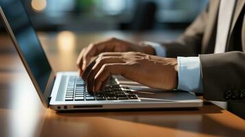 un detallado ver de un del hombre mano mecanografía en un ordenador portátil teclado.. generativo ai foto