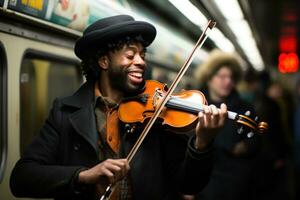 A street musician playing violin at a subway station. Generative AI photo