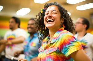 personas teniendo divertido y aprendizaje a el danza clase. generativo ai foto