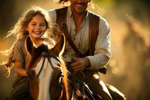 niña aprendizaje a paseo caballos con su familia. generativo ai foto