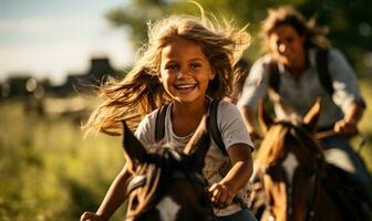 niña aprendizaje a paseo caballos con su familia. generativo ai foto