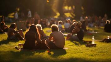 A group of people sitting in the countryside. Generative AI photo