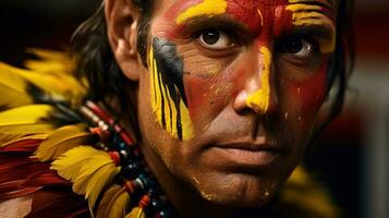 An Indigenous man has painted his face. Generative AI photo