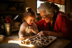 un pequeño niña teniendo divertido en el cocina con su abuela. generativo ai foto