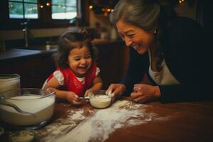 A little girl having fun in the kitchen with her grandmother. Generative AI photo