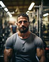 Muscular man posing at the gym. Generative AI photo