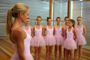 bailarina dando ballet lecciones a pequeño chicas. generativo ai foto