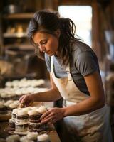 Young woman working in a bakery. Generative AI photo