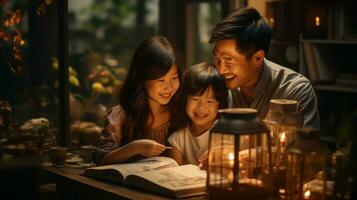 un asiático padre y hija leyendo alguna cosa juntos. generativo ai foto