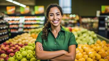 A woman in the fruit and vegetable department. Generative AI photo