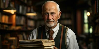 antiguo hombre posando con libros en el biblioteca. generativo ai foto