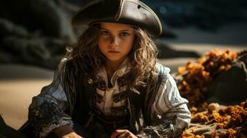 Little boy dressed as a pirate searching for treasure.. Generative AI photo