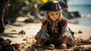 Little boy dressed as a pirate searching for treasure.. Generative AI photo