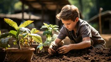 Little boy planting a small tree in a garden.. Generative AI photo