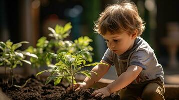 Little boy planting a small tree in a garden.. Generative AI photo