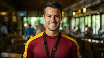 Handsome lifeguard on standby. Generative AI photo