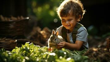 pequeño chico alimentación un pequeño Conejo con Fresco verduras.. generativo ai foto