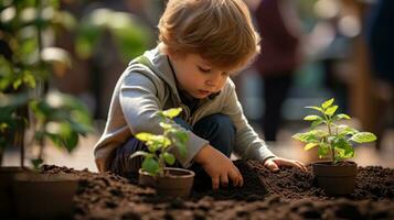 Little boy planting a small tree in a garden.. Generative AI photo