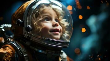 Little boy dressed as an astronaut exploring the stars.. Generative AI photo