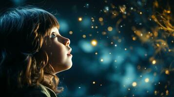 Little boy gazing through at the night sky.. Generative AI photo