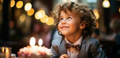 Little boy blowing out candles on his birthday cake.. Generative AI photo