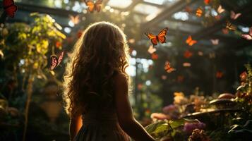 pequeño niña persiguiendo colores vibrantes mariposas en un iluminado por el sol jardín.. generativo ai foto
