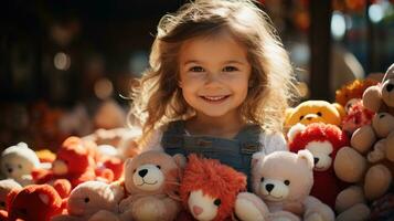 pequeño niña teniendo un picnic con su relleno animales.. generativo ai foto