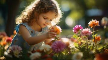 Little girl picking fresh, colorful flowers in a sunlit meadow.. Generative AI photo