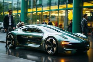 Male model in a retro-futuristic suit, and sleek hovercar.. Generative AI photo